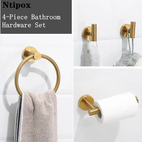 Miniatura 2 de El juego de 4 piezas de accesorios de baño de acero inoxidable dorado cepillado incluye anillo para toalla de mano, soporte para papel higiénico y 2