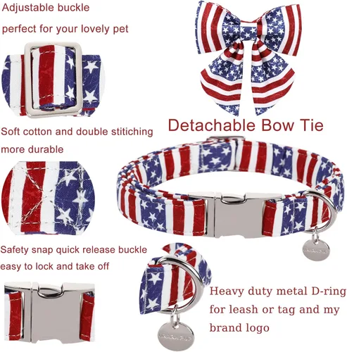 Miniatura 3 de Collar patriótico para perro con pajarita, collar de perro con lazo para el 4 de julio, collar de bandera estadounidense para perros medianos