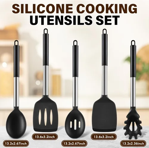 Miniatura 2 de Juego de utensilios de cocina de silicona, 5 piezas, herramientas de cocina resistentes al calor, incluye espátula sólida y ranurada, cuchara