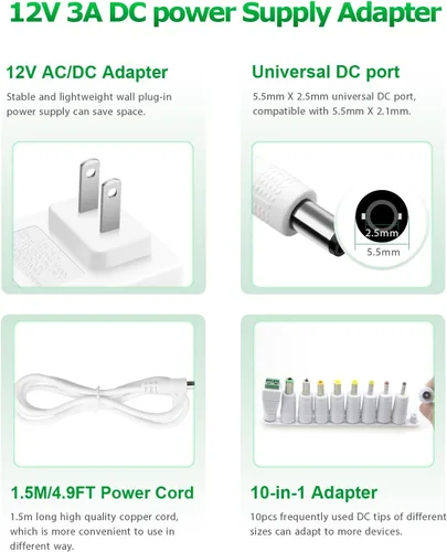 Miniatura 2 de Adaptador de fuente de alimentación de 12V 3A 36W AC/DC Cargador AC 100V-240V a DC 12Volt 3amp Cable de alimentación 2.5A 2A 1.5A 1A 1A 800mA 500mA