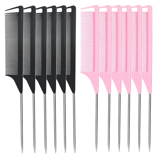 Peines de cola de rata, 12 unidades, peines de separación para trenzar el cabello, fibra de carbono, resistente al calor, antiestático, para Negro