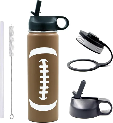 Miniatura 13 de Botella de agua de béisbol de 18 onzas, botella deportiva de boca ancha, vaso de viaje de metal con 2 tapas, botellas de agua aisladas al vacío