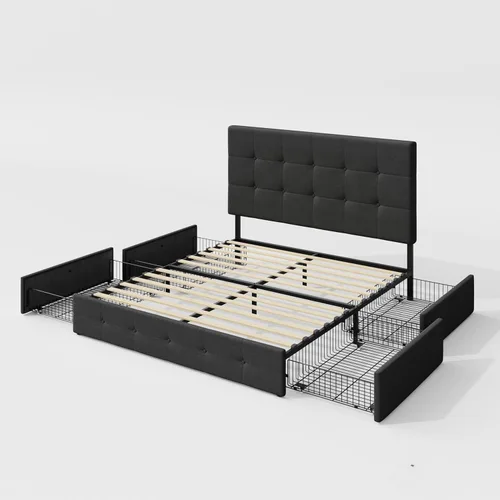 Miniatura 9 de Allewie - Marco de cama con plataforma tapizada de tamaño completo, con 4 cajones de almacenamiento y cabecera, botones cosidos en cuadrados, base