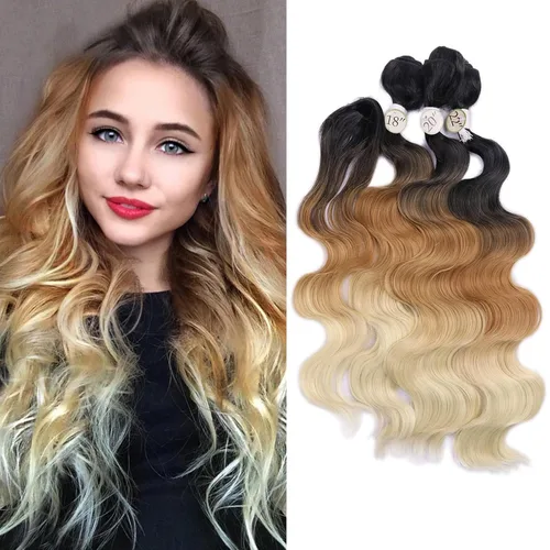 Miniatura 10 de HANNE Paquetes de cabello castaño mezclado con extensiones de cabello ondulado con cierre Sintético 18 "20" 22" con cierre de encaje, resistente