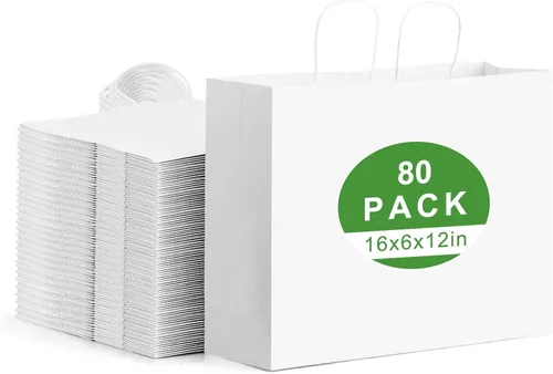 80 bolsas de papel blanco con asas a granel, de 16 x 6 x 12 pulgadas, bolsas de regalo grandes, bolsas de papel de estraza a granel para boutiques,