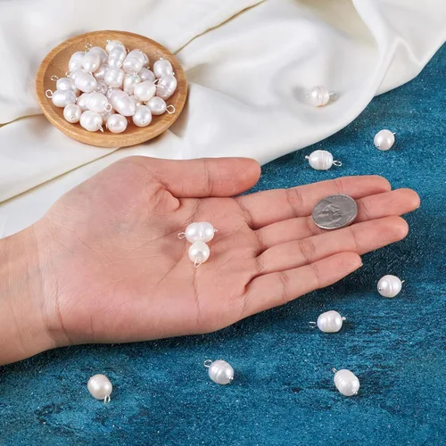 Miniatura 5 de Pandahall - 50 dijes de perlas de agua dulce plateadas, conectores colgantes de perlas naturales y eslabones en forma de arroz con lazo para mujer