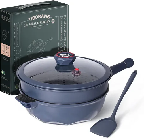 TIBORANG Sartén Antiadherente Profunda para Freír Multipropósito 8 en 1 de 11 Pulgadas 5 Cuartos con Indicador de Calor, Tapa de Vidrio, Mango que