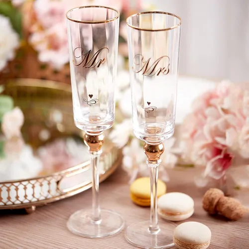 Miniatura 5 de DUJUST Copas de champán doradas para boda, copas de champán Mr & Mrs con borde dorado hecho a mano y diseño de diamante, copas de champán cuadradas