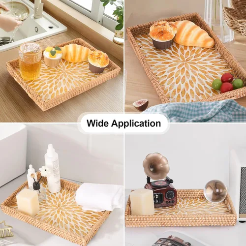Miniatura 2 de Bandeja rectangular de ratán con incrustaciones de madreperla, bandeja de ratán con asa para café, pan, frutas, aperitivos, bandeja decorativa