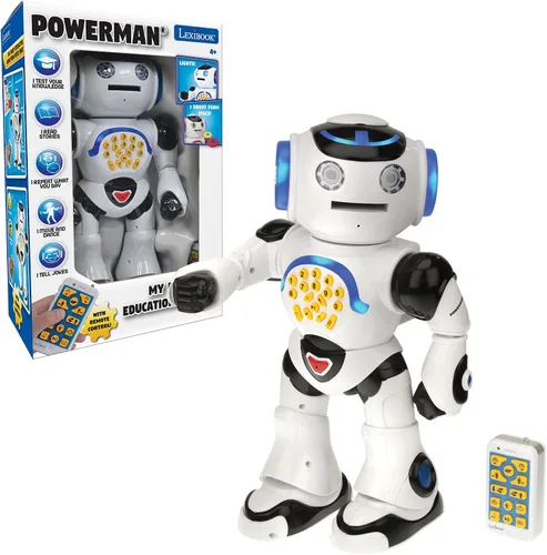 LEXiBOOK Powerman - Robot de juguete con control remoto que camina y habla, baila, canta, lee historias, quiz de matemáticas, dispara discos e imita