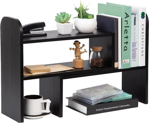 Miniatura 9 de Organizador de escritorio, estante de almacenamiento de oficina, ajustable, de madera natural, estante para libros, organizador de escritorio