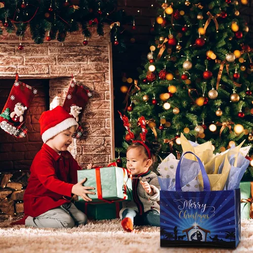 Miniatura 7 de Hosuly 20 bolsas grandes de regalo de Navidad con papel de seda, bolsas de mano para fiestas religiosas con asas, bolsa de dulces de feliz Navidad