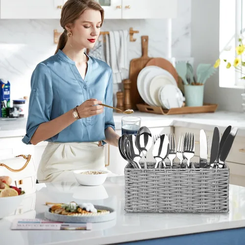 Miniatura 3 de Ayiaren Organizador de cubiertos de plástico gris para cubiertos, organizador de utensilios pequeños para encimera de cocina, fiesta, cubiertos