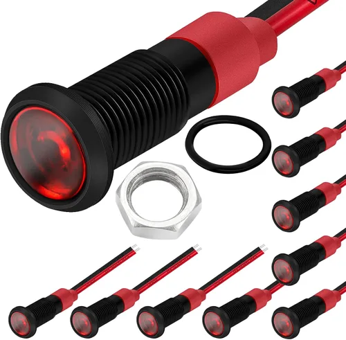 DaierTek Luz Indicadora LED de 1/4" 12 Voltios 6mm 12V Lámpara Piloto Roja IP67 Impermeable Material de Aluminio Metal Bisel Negro Marino con Cables