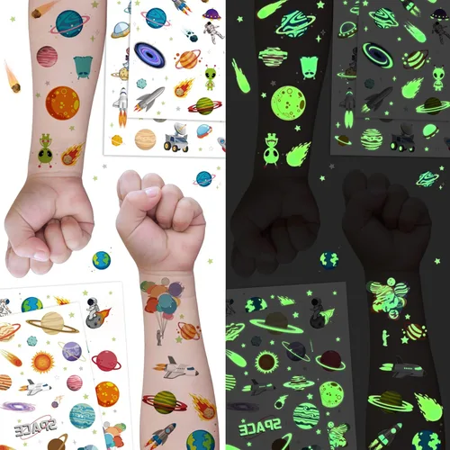 Tatuajes temporales falsos de planetas espaciales que brillan en la oscuridad para niños, más de 80 piezas de astronauta espacial, cohete, nave,
