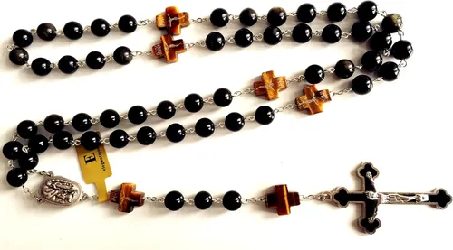 Miniatura 3 de elegantmedical Hecho a mano católico negro 0.394 in oro obsidiana cuentas Lourdes medalla de agua rosario cruz collar caja para hombre mujer regalo