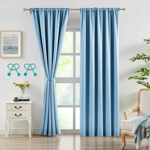 Miniatura 13 de Bujasso Cortinas de jacquard negras con bolsillo para barra, pestaña trasera y lazos de lujo, cortinas aisladas térmicamente para oscurecer