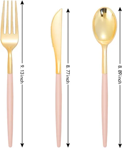Miniatura 2 de I00000 144 cubiertos de plástico rosa, cubiertos desechables dorados con mango rosa, juego de cubiertos de plástico dorado incluye: 48 tenedores, 48