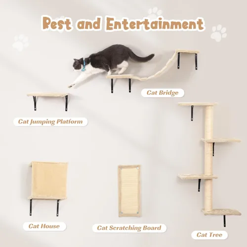 Miniatura 3 de Juego de 5 escaladores para gatos montados en la pared, estantes de madera para gatos con perchas, escalera, casa de condominio para gatos, tabla