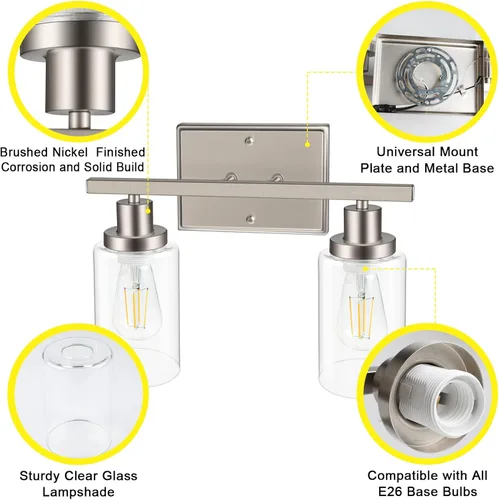 Miniatura 7 de Ascher Apliques de pared de 2 luces, moderna lámpara de tocador con pantalla de vidrio transparente, lámpara de pared de níquel cepillado para Tubo
