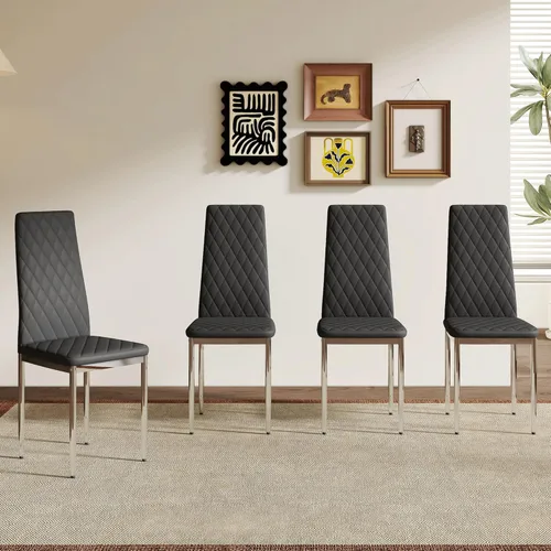 Juego de 4 sillas de comedor modernas, de piel sintética negra, juego de 4, sillas tapizadas con respaldo alto con patas de metal plateado para