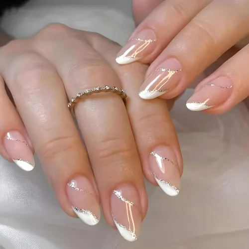 Miniatura 9 de Uñas postizas a presión con puntas francesas, uñas postizas de color rosa medio con diamantes de imitación brillantes, uñas postizas acrílicas