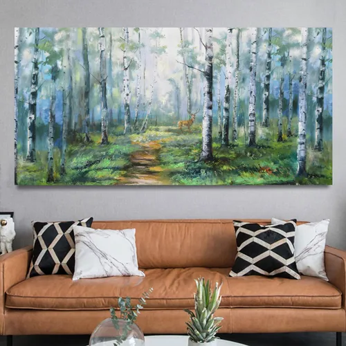Miniatura 3 de Enartly Arte de pared de paisaje grande para sala de estar y dormitorio, decoración de pared de abedul blanco, lienzo de bosque verde, pintura