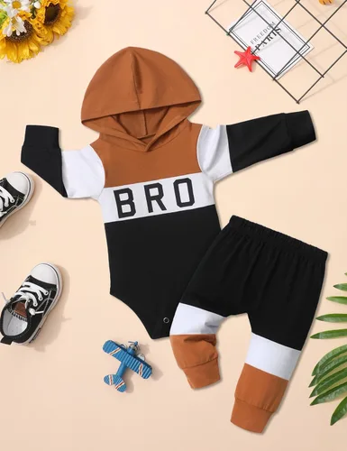 Miniatura 7 de Ropa de bebé niño de manga larga, sudadera con capucha con estampado de letras + pantalones de retazos, 2 piezas, trajes de otoño e invierno