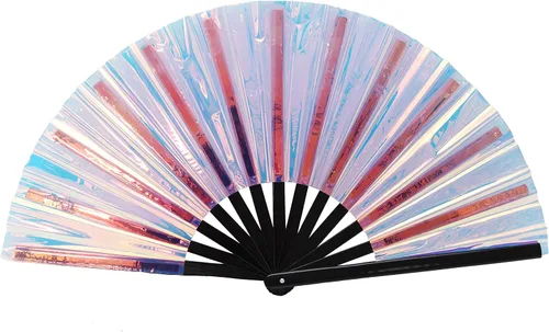 Miniatura 6 de Gionforsy 1 ventilador plegable rave para mujer, ventilador de mano grande de bambú con tela de color brillante para festival