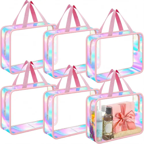 Miniatura 11 de Sweetude Bolsa de aseo transparente grande con asa, bolsa de maquillaje de playa iridiscente de gran capacidad, bolsa de maquillaje de PVC Azul