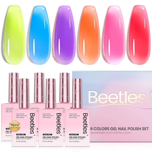 Miniatura 10 de Beetles - Juego de esmaltes de uñas en gel neón, 6 colores, rosado intenso, naranja, amarillo, verde, azul y morado, semipermanentes, uso