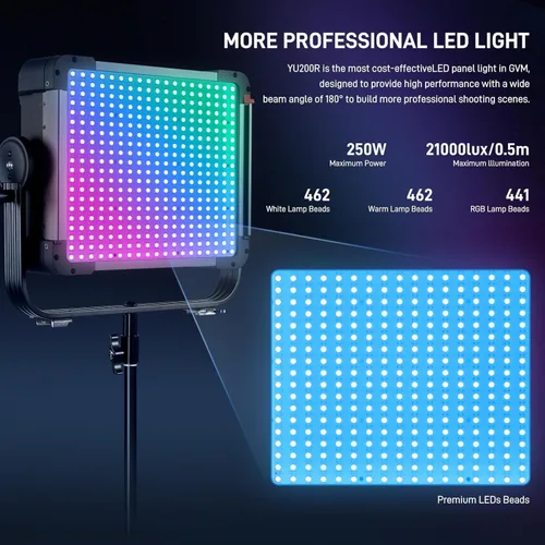 Miniatura 3 de GVM - Panel de luz LED de video de 250 W, iluminación de fotografía con 21000 lux/1.6 ft, luz de video RGB 2700-75000K, CRI97+, gel, HSI, 12
