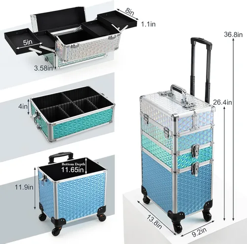 Miniatura 6 de estuche profesional 3 en 1 para maquillaje rodante, estuche de aluminio con ruedas de rotación 360° para artista de maquillaje, maletín organizador