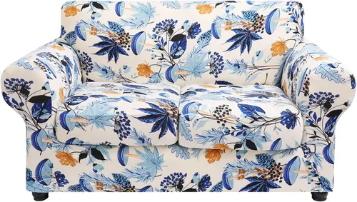 Miniatura 33 de hyha Funda para sofá, diseño floral, elástica, estampada, 4 piezas, fundas para sofá de 3 cojines separados, protector de muebles lavable para Azul