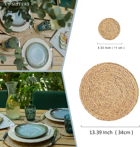Miniatura 4 de Juego de 6 manteles individuales redondos tejidos con 6 posavasos, manteles individuales de jacinto de agua natural, manteles individuales de ratán