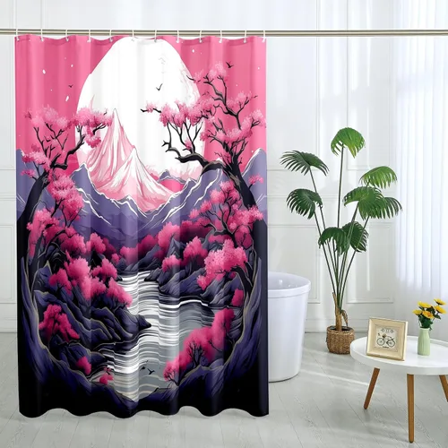 Miniatura 26 de Cortina de ducha japonesa Fuji Mountain de cerezo asiático, cortina de ducha con diseño de anime, decoración de baño, tela de poliéster, 62 x 72 Azul