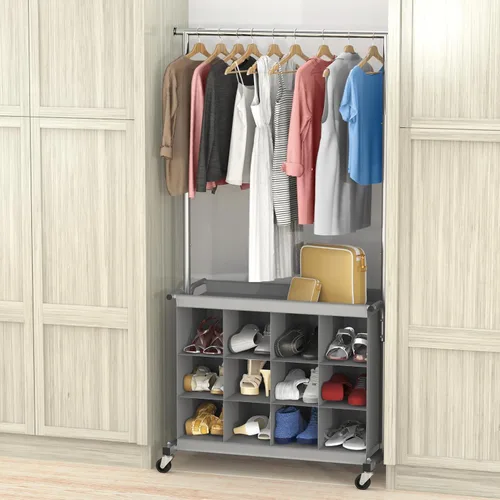 Miniatura 3 de Simple Houseware Perchero con barra extensible y organizador de 16 zapatos, gris