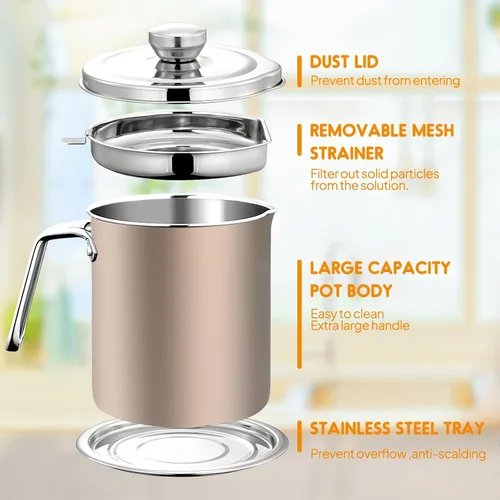 Miniatura 2 de Chihee Contenedor de grasa de acero inoxidable para tocino con filtro de malla fina, 2 litros/67.6 onzas líquidas, lata de aceite de cocina con tapa