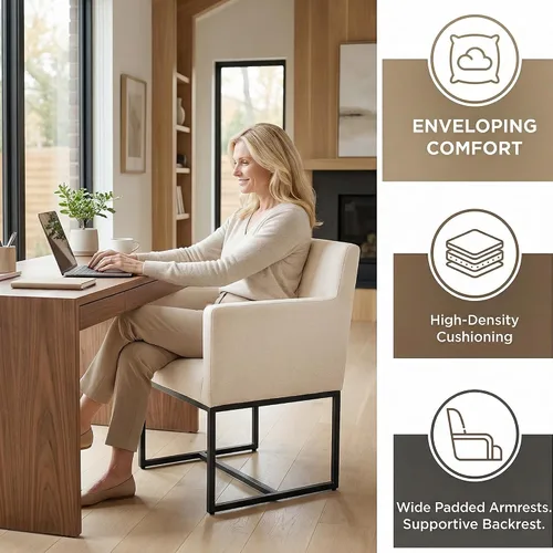 Miniatura 5 de HNY Juego de 6 sillas de comedor tapizadas modernas de mediados de siglo con brazos, sillas decorativas de lino con marco de metal con acabado Marco
