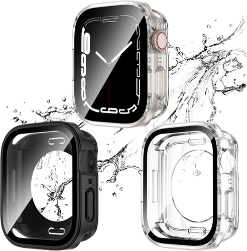 Miniatura 12 de 2 Pack 2 en 1 Funda impermeable para Apple Watch Series 8 7 de 41 mm, Parachoques frontal y trasero de PC de borde recto con protector de pantalla