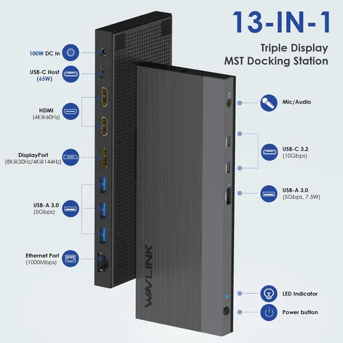 Miniatura 2 de WAVLINK Estación de acoplamiento USB C con monitor dual para portátil Dell/Lenovo/HP/XPS, adaptador multipuerto USB-C Hub Dongle Dock con 2 HDMI