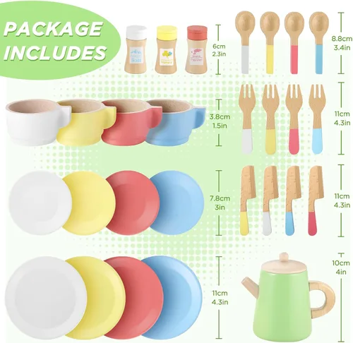 Miniatura 6 de GAGAKU Juego de té de madera y platos de madera 2 en 1, juego de comida de juguete 28 piezas Montessori Play Accesorios de cocina para niños
