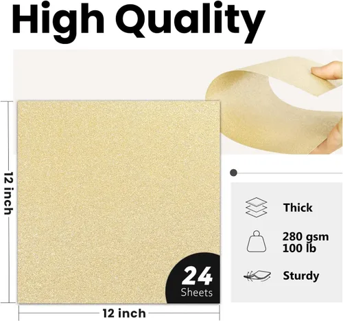 Miniatura 2 de Cartulina con Purpurina Dorada 12x12 de Doble Cara 24 Hojas, Goefun Papel con Purpurina Dorado Champán Sin Desprendimiento 280GSM/100lb Cartulina