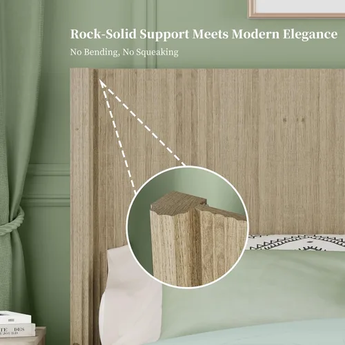 Miniatura 5 de Cabecera tamaño Queen solamente, moderna cabecera acanalada montada en la pared con iluminación, cabecera de cama de madera bohemia elegante Natural