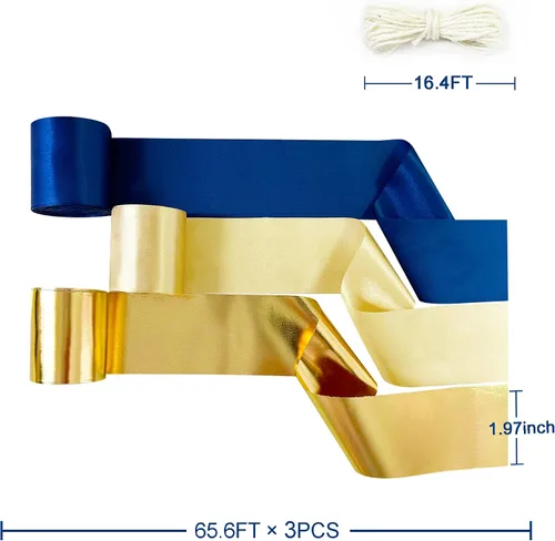 Miniatura 2 de pinkblume Cinta de satén azul y dorado de 65.7 pulgadas de ancho x 1.97 pulgadas de ancho, color azul marino, beige para manualidades, regalos, Azul