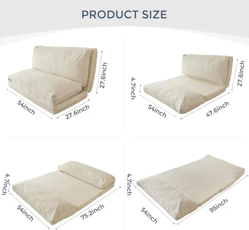 Miniatura 2 de MAXYOYO - Sofá cama puff plegable para adultos, sofá de suelo extragrueso y largo con funda lavable de tela trenzada, beige, 54 x 95 pulgadas