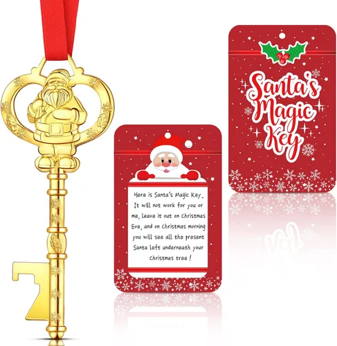 Llave de Papá Noel de Navidad para casas sin chimenea, llave de metal, adorno colgante de árbol de Navidad con tarjeta para decoración de casas de