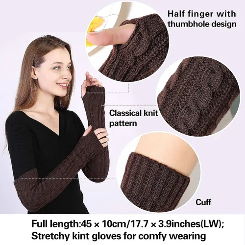 Miniatura 23 de Bellady Guantes de invierno para mujer, cálidos sobre el codo, guantes largos sin dedos con agujero para el pulgar, guantes de punto para calentar