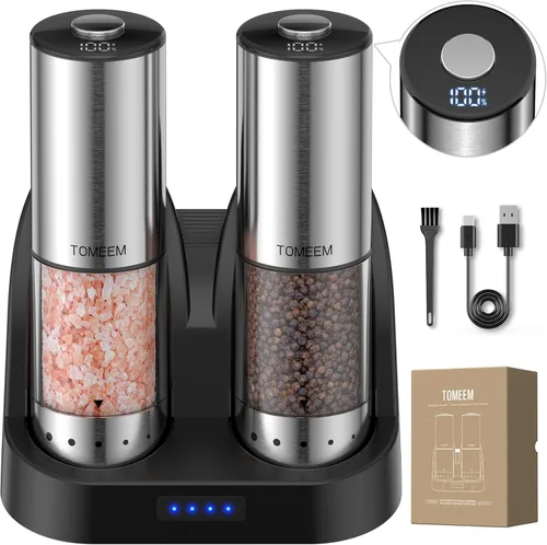 Miniatura 9 de TOMEEM Rechargeable Electric Salt and Pepper Grinder Set, 115ml Large Capacity Stainless Steel Automatic Pepper Mill with Storage Base, LED Display