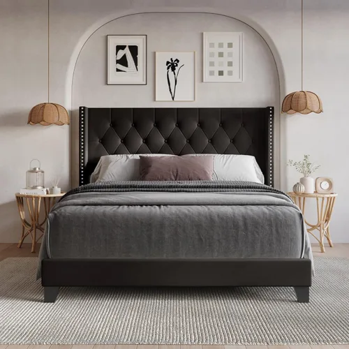 Miniatura 6 de HOME DESIGN Homer - Marco de cama tapizado con respaldo copetudo, cabecera capitonada de piel sintética con botones y ribete de cabeza de clavo